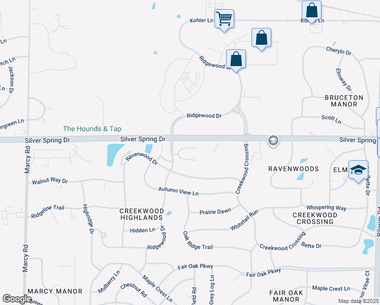 map of restaurants, bars, coffee shops, grocery stores, and more near 16743 Ridgewood Drive in Menomonee Falls