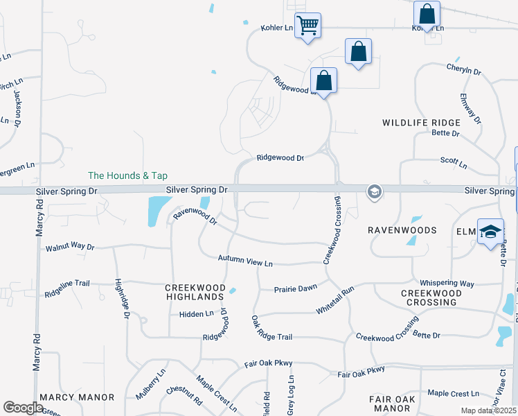 map of restaurants, bars, coffee shops, grocery stores, and more near 16743 Ridgewood Drive in Menomonee Falls