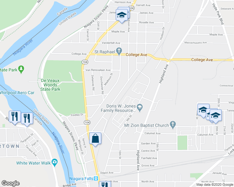 map of restaurants, bars, coffee shops, grocery stores, and more near 2962 McKoon Avenue in Niagara Falls