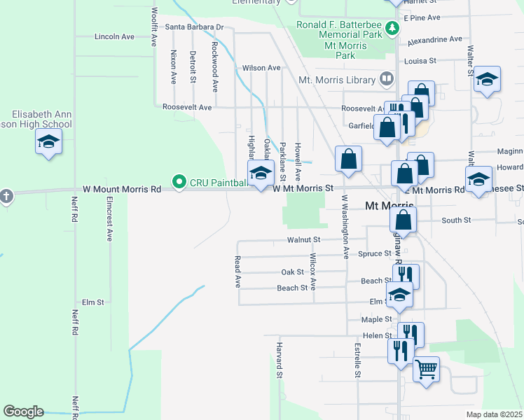 map of restaurants, bars, coffee shops, grocery stores, and more near 344 West Mount Morris Street in Mount Morris