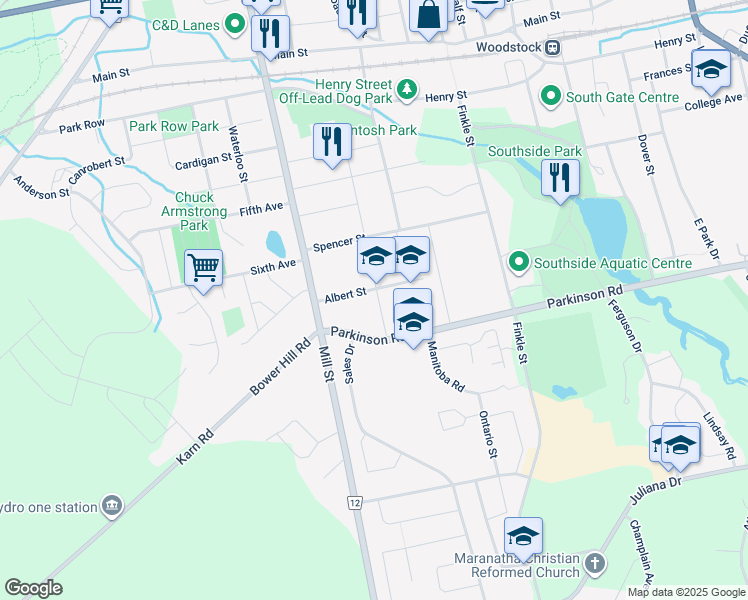 map of restaurants, bars, coffee shops, grocery stores, and more near 300 Russell Street in Woodstock