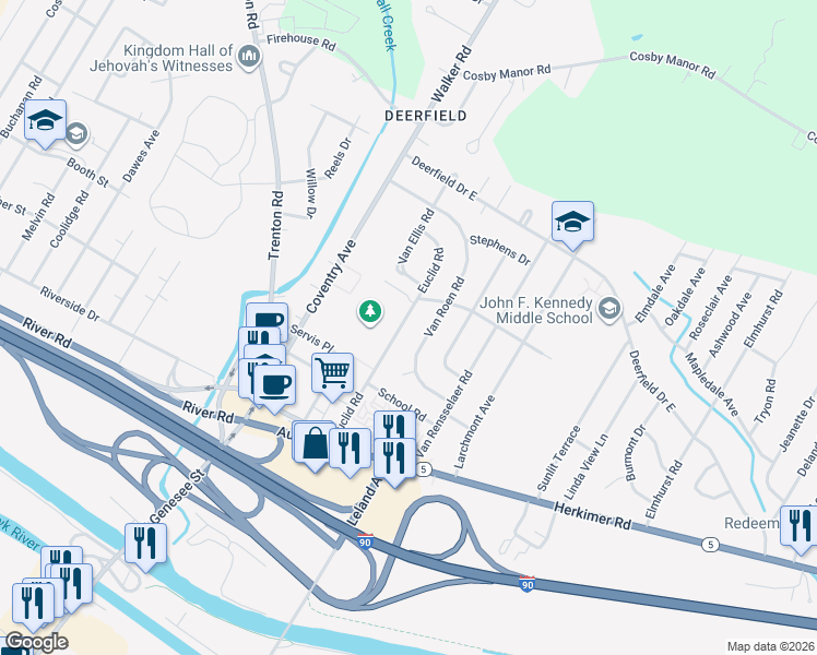 map of restaurants, bars, coffee shops, grocery stores, and more near 442 Euclid Road in Utica