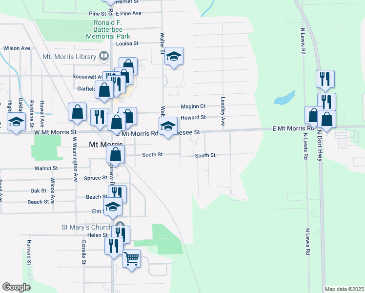 map of restaurants, bars, coffee shops, grocery stores, and more near 11644 Temperance Street in Mount Morris