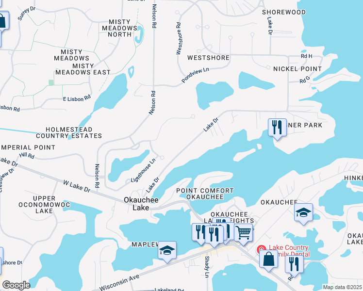 map of restaurants, bars, coffee shops, grocery stores, and more near W351N5451 Lake Drive in Oconomowoc