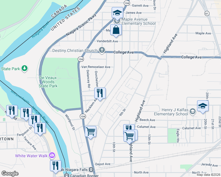 map of restaurants, bars, coffee shops, grocery stores, and more near 2992 McKoon Avenue in Niagara Falls