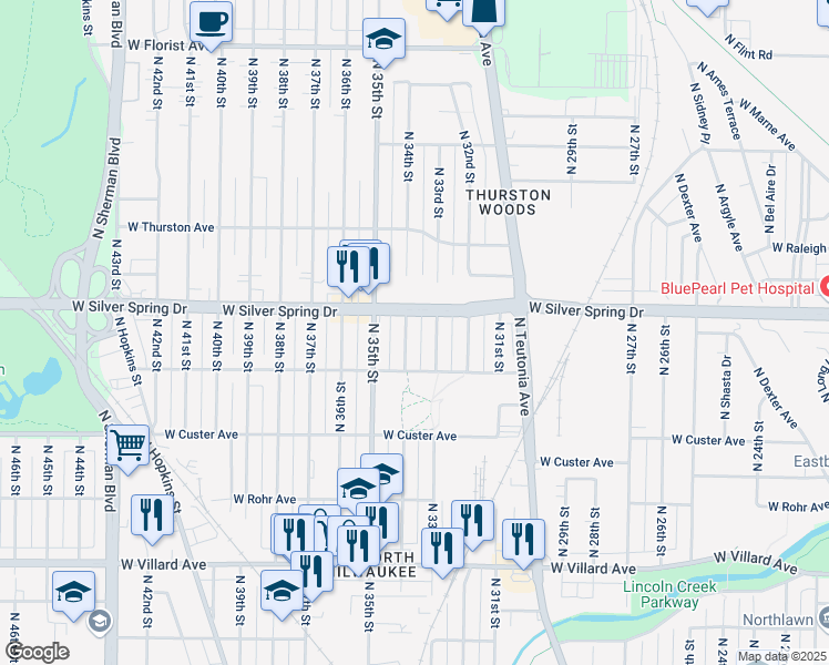 map of restaurants, bars, coffee shops, grocery stores, and more near 5569 North 33rd Street in Milwaukee