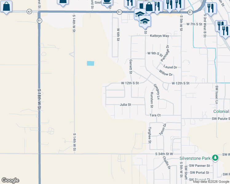 map of restaurants, bars, coffee shops, grocery stores, and more near 1100 Southwest Bonnie Street in Mountain Home