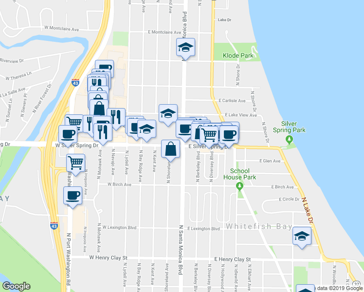 map of restaurants, bars, coffee shops, grocery stores, and more near 5599 North Santa Monica Boulevard in Whitefish Bay