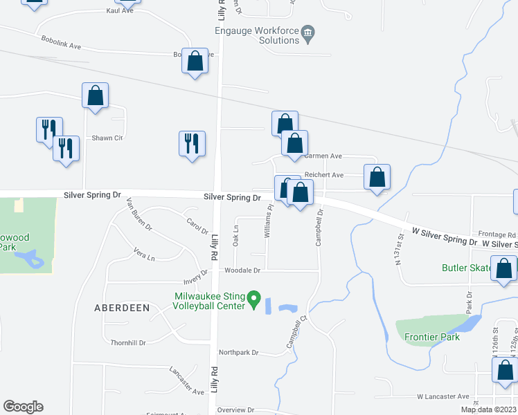 map of restaurants, bars, coffee shops, grocery stores, and more near N56W13777 Silver Spring Drive in Menomonee Falls