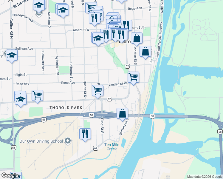 map of restaurants, bars, coffee shops, grocery stores, and more near 30 Cunningham Street in Thorold