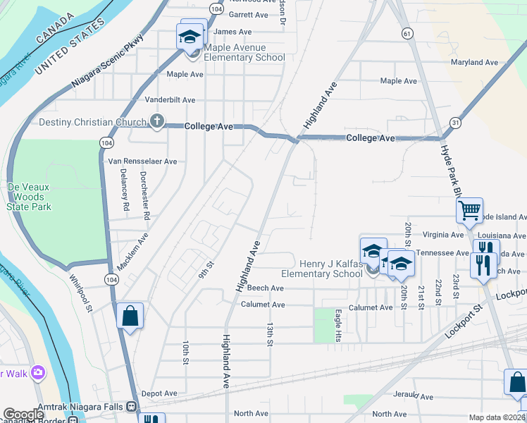 map of restaurants, bars, coffee shops, grocery stores, and more near 3402 Highland Avenue in Niagara Falls