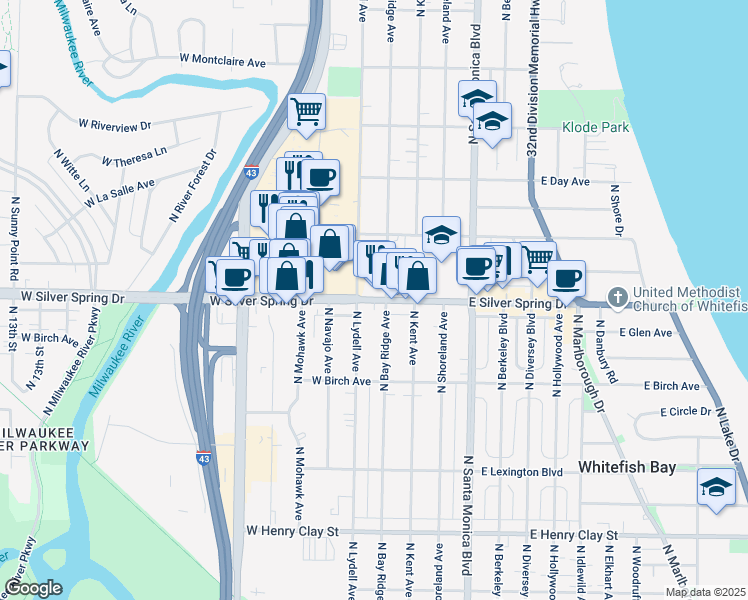 map of restaurants, bars, coffee shops, grocery stores, and more near 130 West Silver Spring Drive in Whitefish Bay