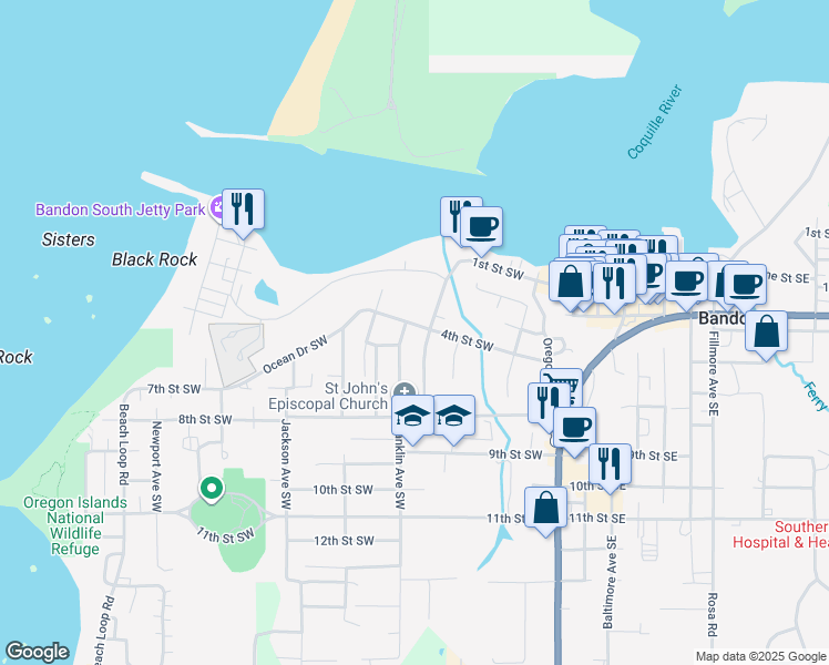 map of restaurants, bars, coffee shops, grocery stores, and more near 417 Franklin Avenue Southwest in Bandon