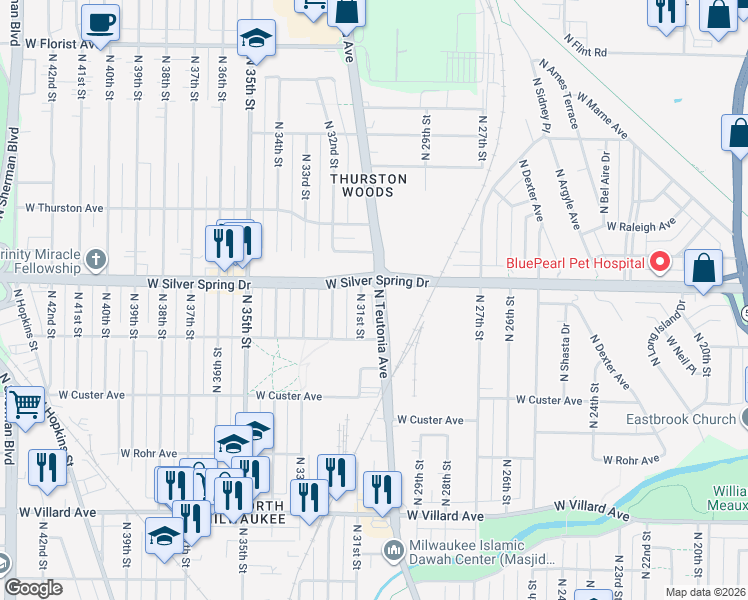 map of restaurants, bars, coffee shops, grocery stores, and more near 5555 North Teutonia Avenue in Milwaukee