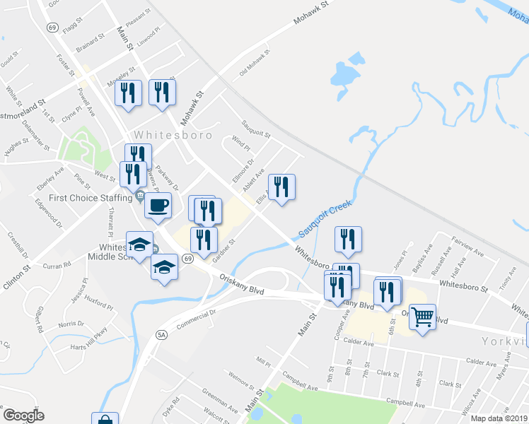 map of restaurants, bars, coffee shops, grocery stores, and more near 32 Main Street in Whitesboro