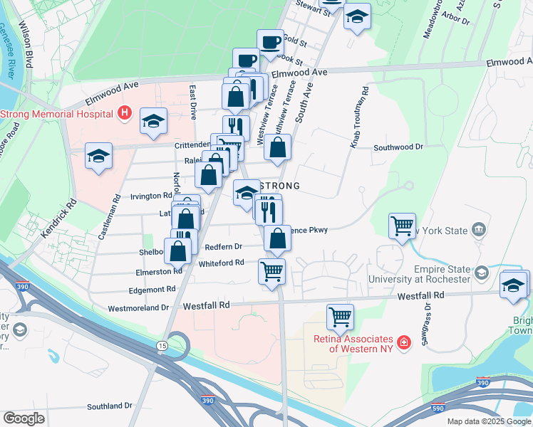 map of restaurants, bars, coffee shops, grocery stores, and more near 130 East Henrietta Road in Rochester