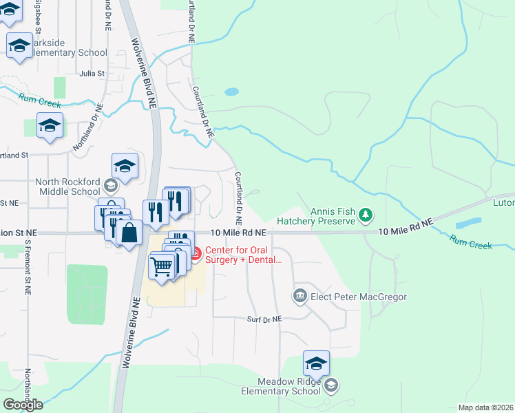 map of restaurants, bars, coffee shops, grocery stores, and more near 8468 Courtland Drive Northeast in Rockford