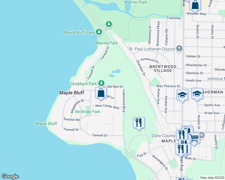 map of restaurants, bars, coffee shops, grocery stores, and more near 205 Del Mar Drive in Madison