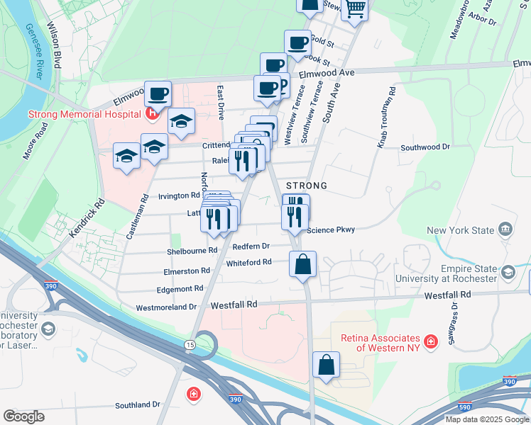 map of restaurants, bars, coffee shops, grocery stores, and more near 101 East Henrietta Road in Rochester