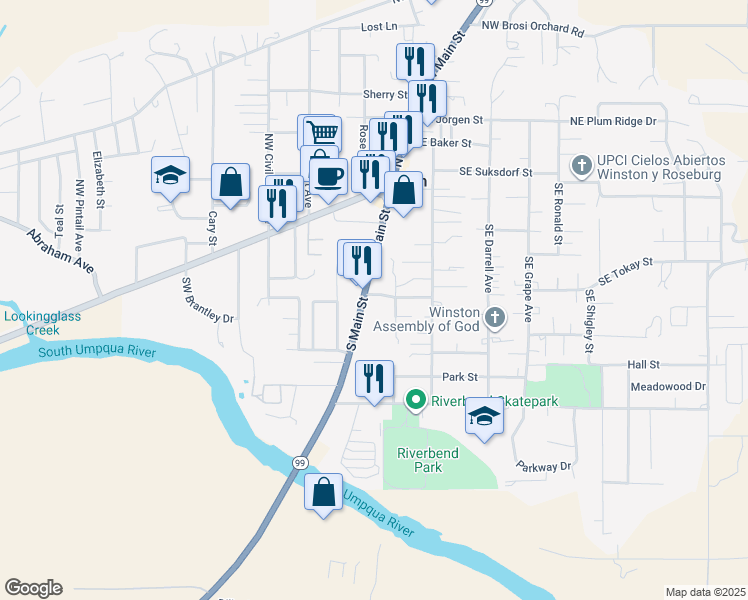map of restaurants, bars, coffee shops, grocery stores, and more near 160 South Main Street in Winston