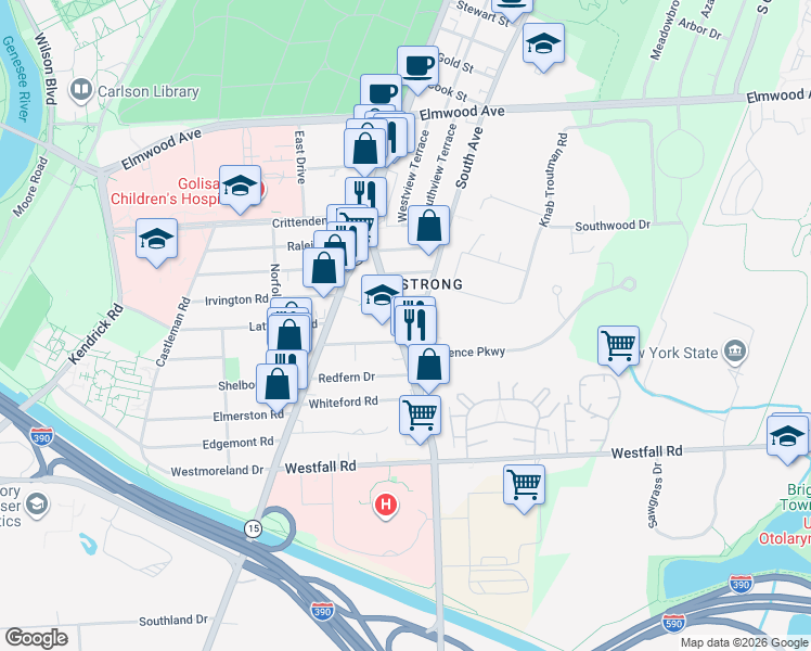 map of restaurants, bars, coffee shops, grocery stores, and more near 150 East Henrietta Road in Rochester