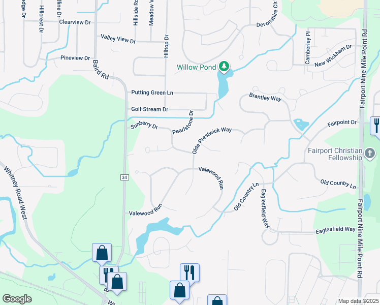map of restaurants, bars, coffee shops, grocery stores, and more near 26 Olde Prestwick Way in Penfield