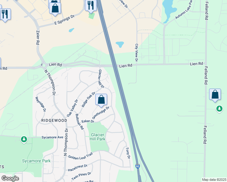 map of restaurants, bars, coffee shops, grocery stores, and more near 1325 Glacier Hill Drive in Madison