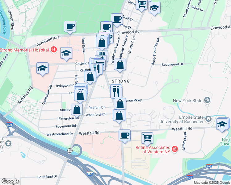 map of restaurants, bars, coffee shops, grocery stores, and more near 130 East Henrietta Road in Rochester
