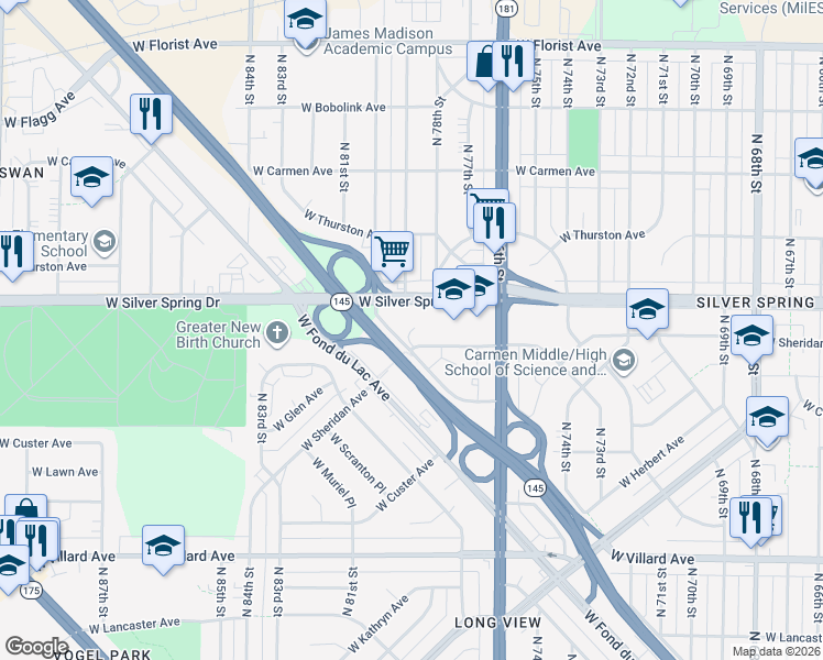 map of restaurants, bars, coffee shops, grocery stores, and more near 7825 West Silver Spring Drive in Milwaukee