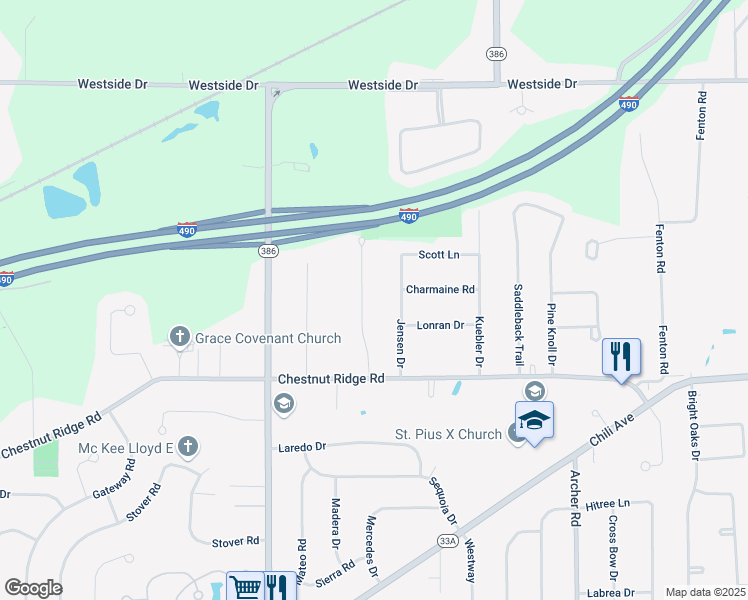 map of restaurants, bars, coffee shops, grocery stores, and more near 30 Jensen Drive in Rochester