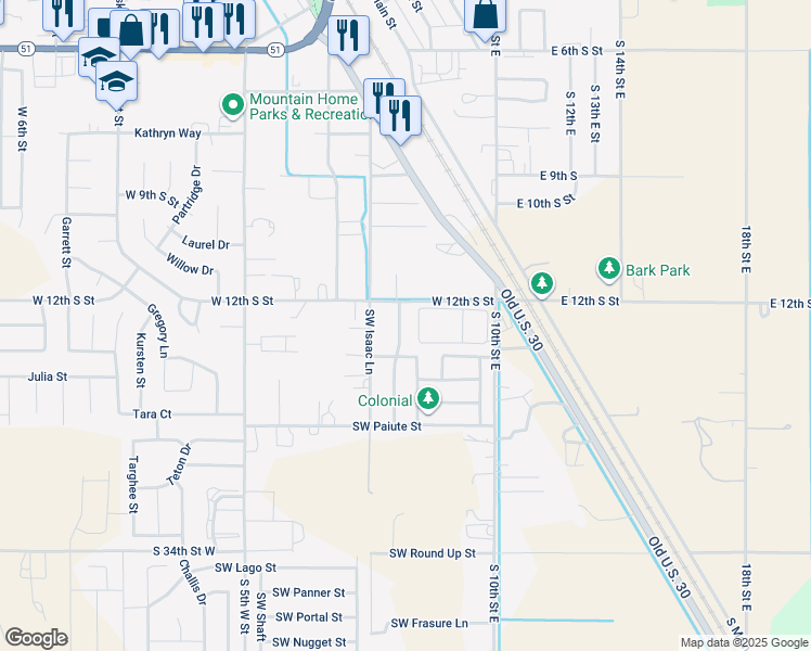 map of restaurants, bars, coffee shops, grocery stores, and more near 840 Southwest Independence in Mountain Home
