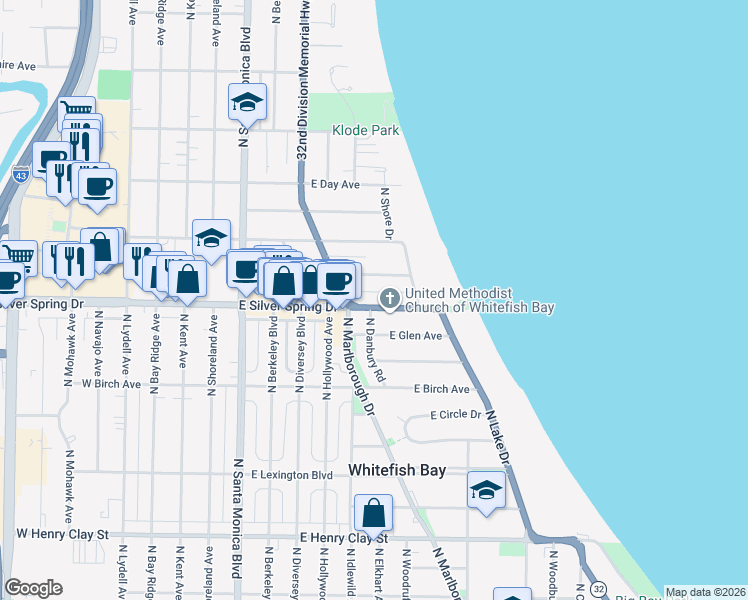 map of restaurants, bars, coffee shops, grocery stores, and more near 707 East Beaumont Avenue in Whitefish Bay