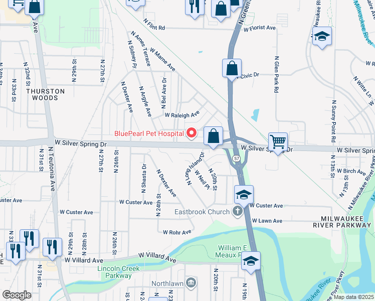 map of restaurants, bars, coffee shops, grocery stores, and more near 2201 West Silver Spring Drive in Milwaukee