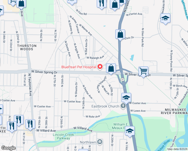 map of restaurants, bars, coffee shops, grocery stores, and more near 2201 West Silver Spring Drive in Milwaukee