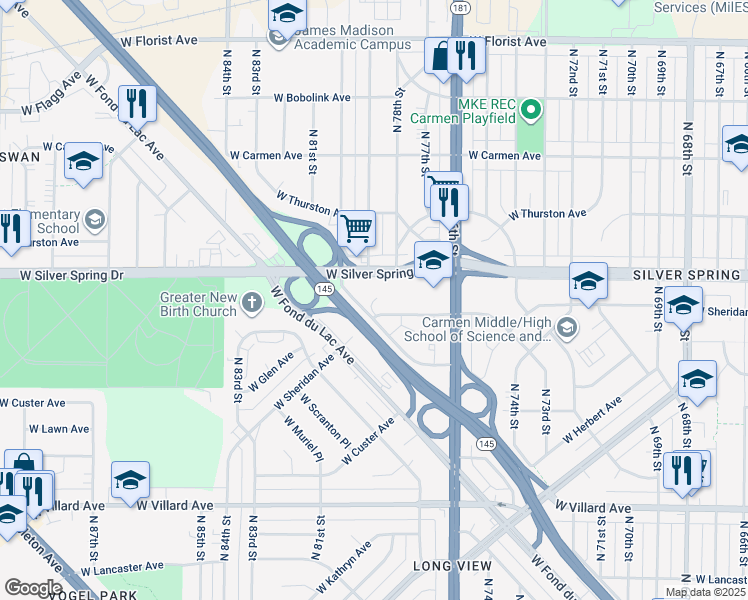 map of restaurants, bars, coffee shops, grocery stores, and more near 7825 West Silver Spring Drive in Milwaukee