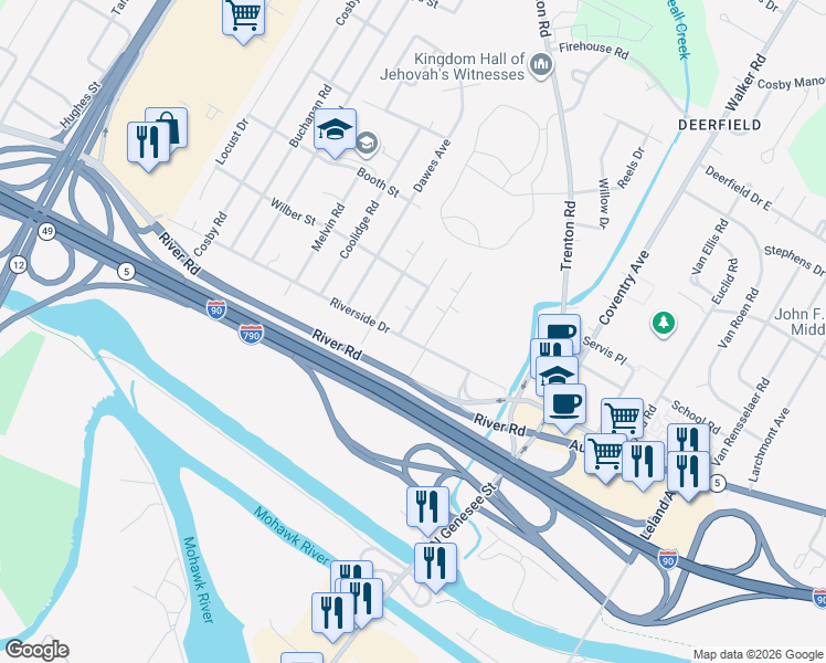 map of restaurants, bars, coffee shops, grocery stores, and more near 402 Ashland Avenue in Utica