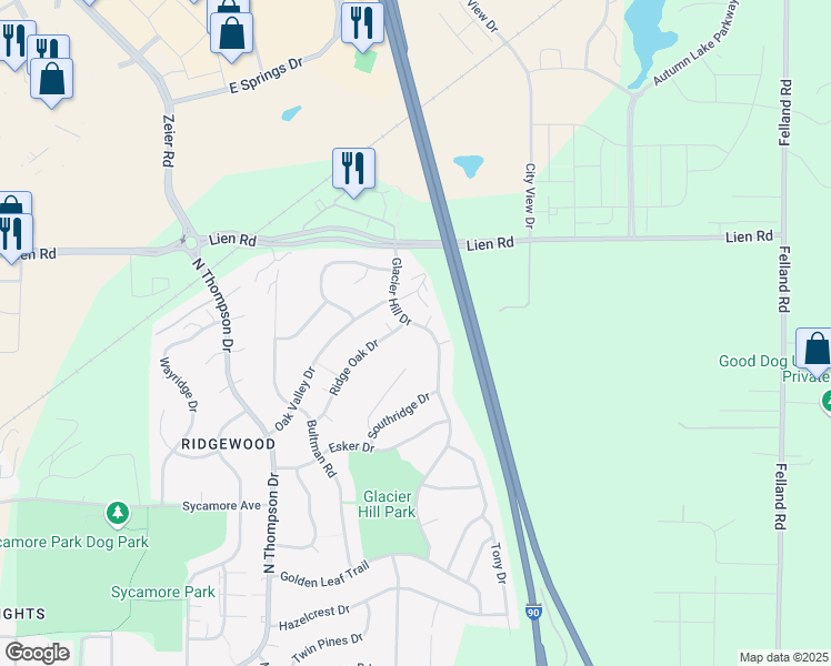 map of restaurants, bars, coffee shops, grocery stores, and more near 1338 Glacier Hill Drive in Madison