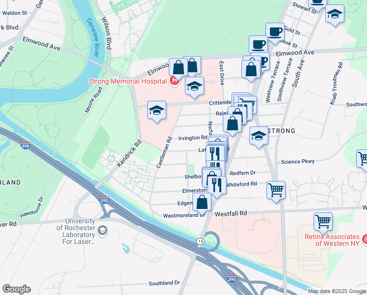 map of restaurants, bars, coffee shops, grocery stores, and more near 156 Lattimore Road in Rochester