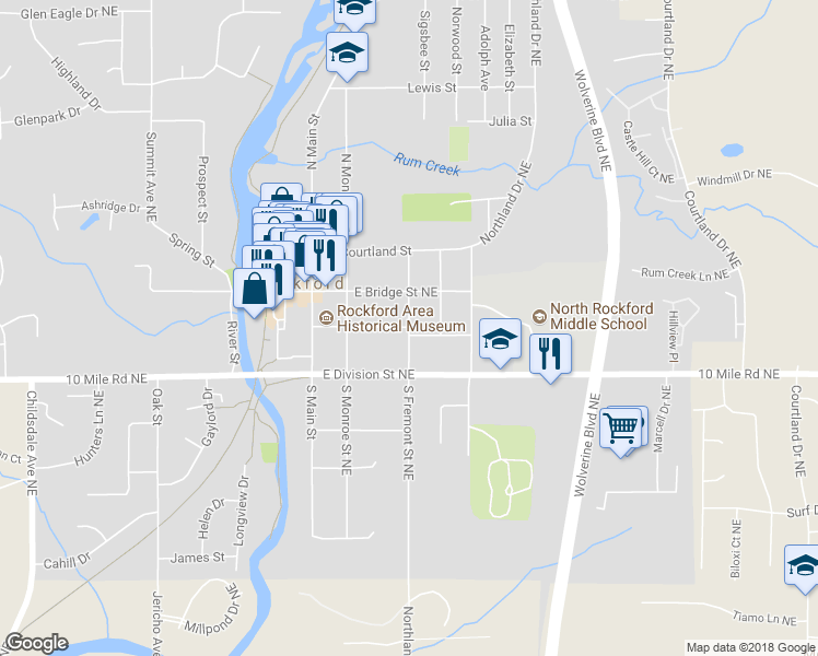 map of restaurants, bars, coffee shops, grocery stores, and more near 198 Maple Street Northeast in Rockford