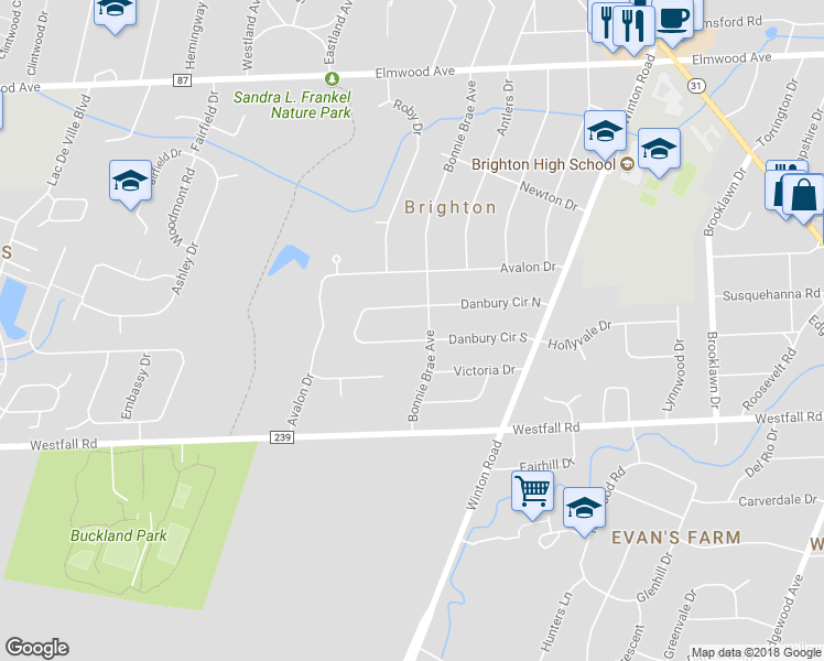 map of restaurants, bars, coffee shops, grocery stores, and more near 170 Danbury Circle South in Rochester