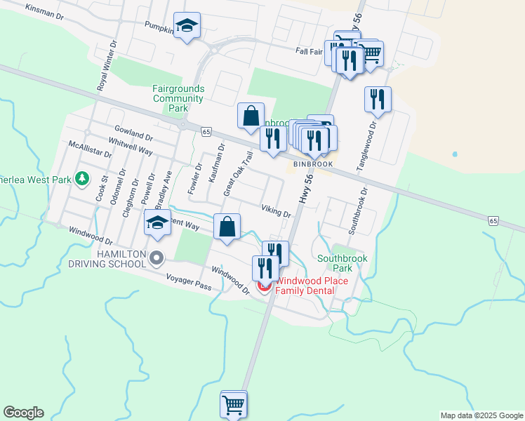 map of restaurants, bars, coffee shops, grocery stores, and more near 55 Viking Drive in Hamilton