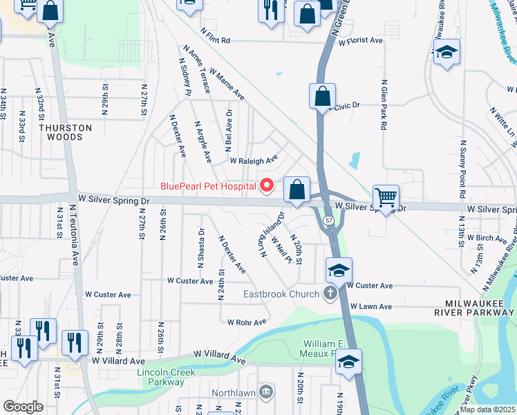 map of restaurants, bars, coffee shops, grocery stores, and more near 2201 West Silver Spring Drive in Milwaukee