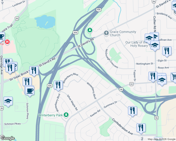 map of restaurants, bars, coffee shops, grocery stores, and more near 52 Juneberry Road in Thorold