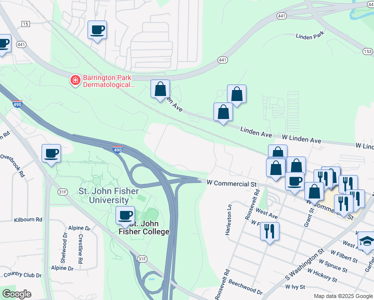 map of restaurants, bars, coffee shops, grocery stores, and more near 340 Gleason Circle in East Rochester