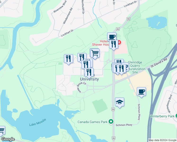 map of restaurants, bars, coffee shops, grocery stores, and more near 500 Glenridge Avenue in St. Catharines