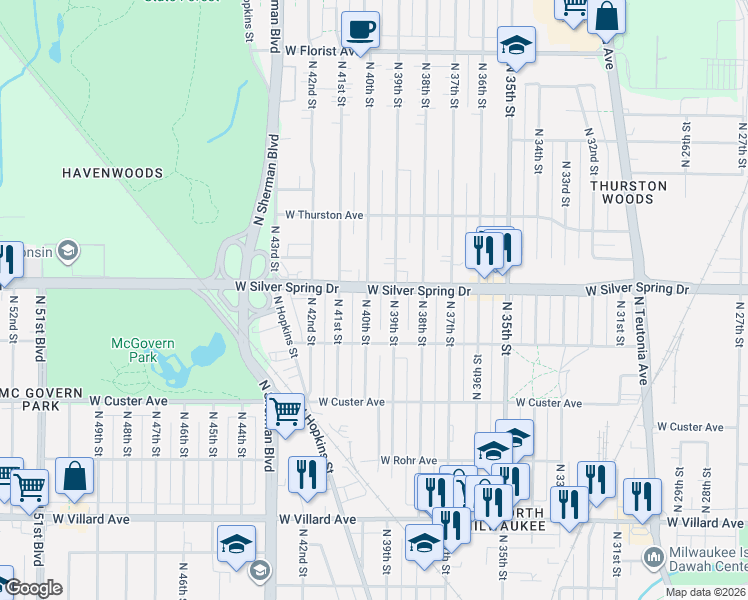 map of restaurants, bars, coffee shops, grocery stores, and more near 5571 ADJ North 39th Street in Milwaukee