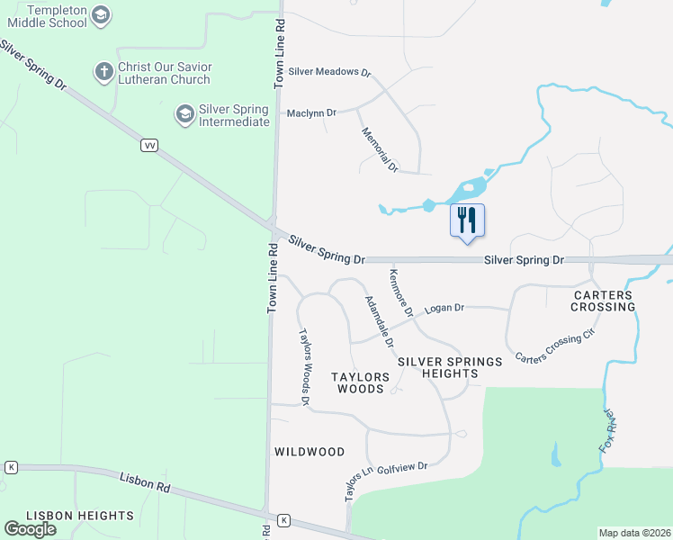 map of restaurants, bars, coffee shops, grocery stores, and more near N55W21760 Adamdale Drive in Menomonee Falls
