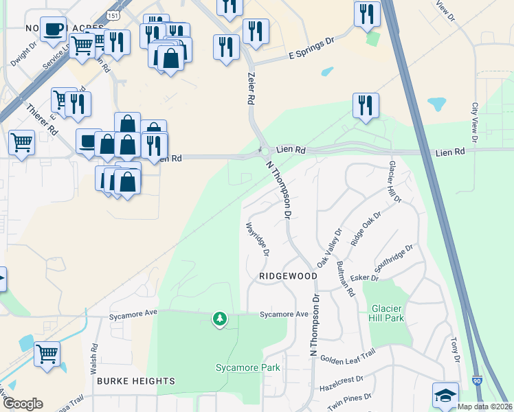 map of restaurants, bars, coffee shops, grocery stores, and more near 1418 Wayridge Drive in Madison