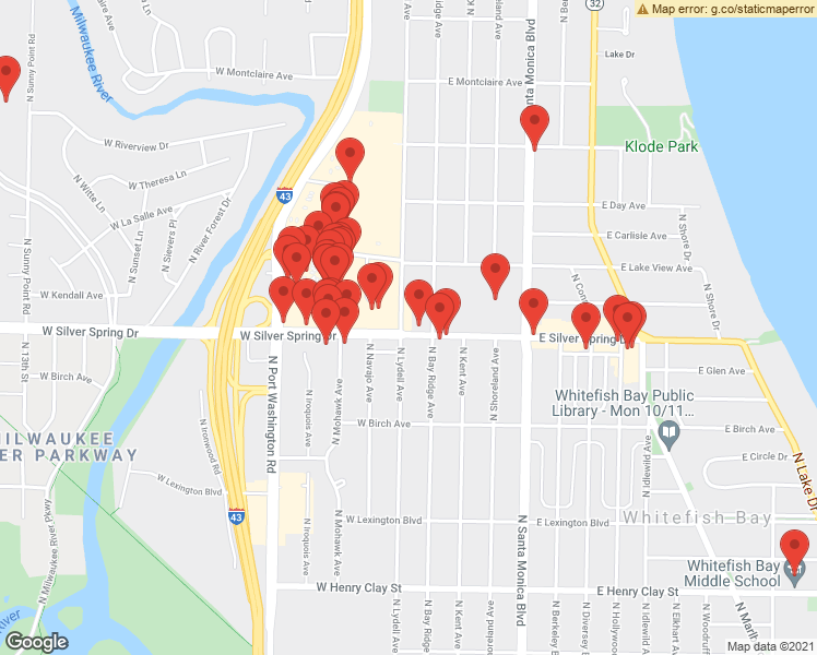 map of restaurants, bars, coffee shops, grocery stores, and more near 130 West Silver Spring Drive in Whitefish Bay