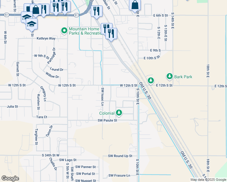 map of restaurants, bars, coffee shops, grocery stores, and more near 840 Southwest Independence in Mountain Home